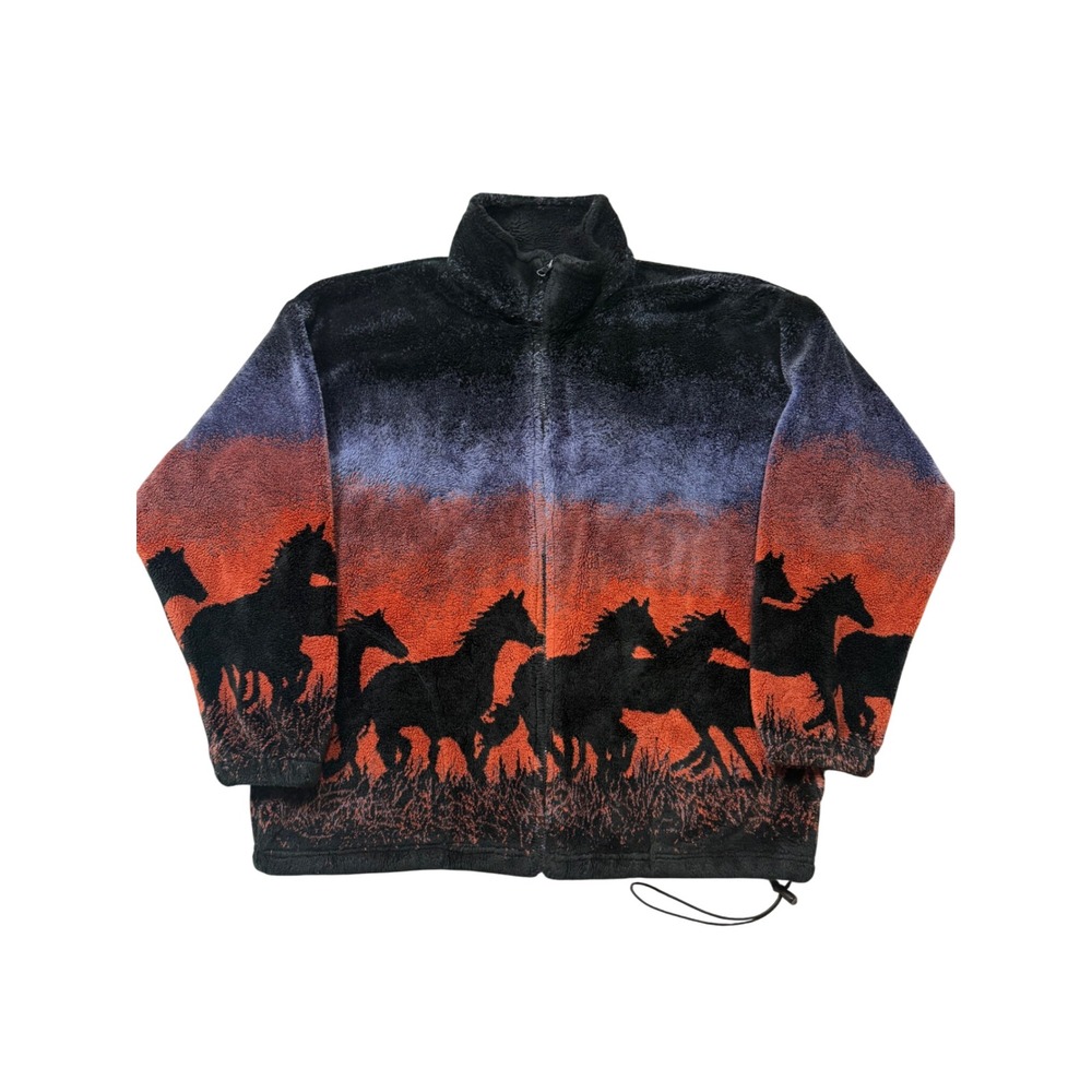 Vintage 90s Horse Print Fleece Pullover Jacket Southwestern Western Large USA